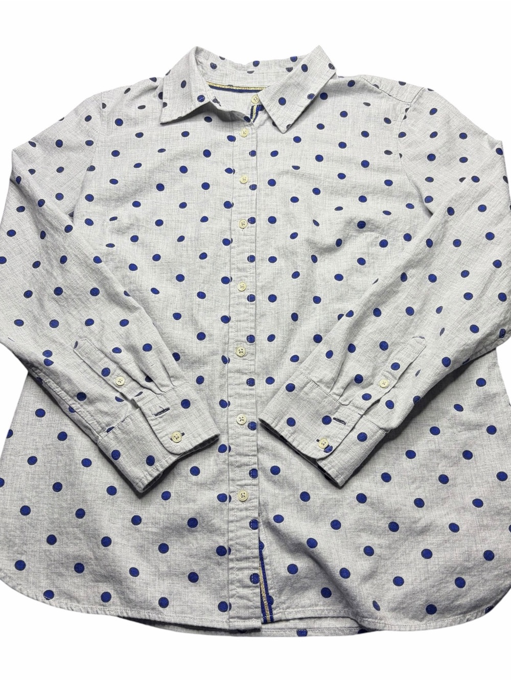 Talbots Polka Dot Button Shirt Women’s M Gray Navy Blue Gold Trim